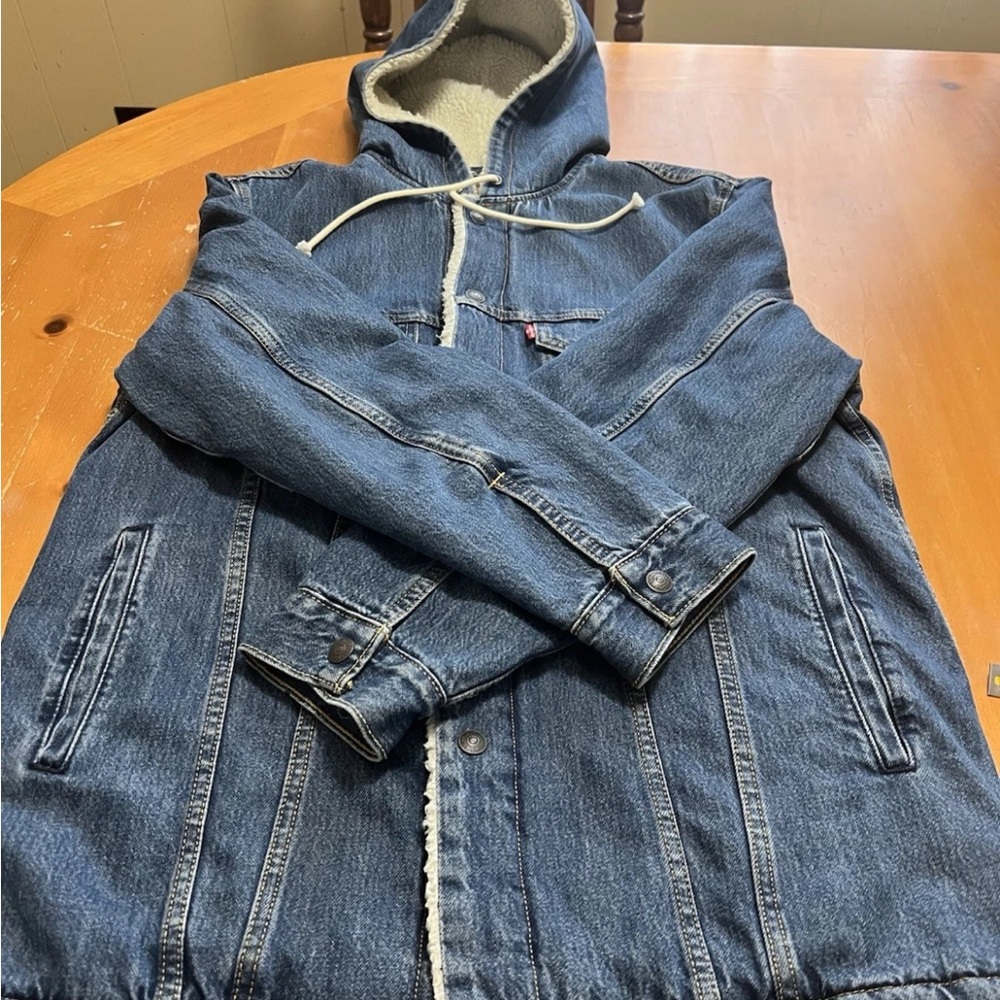 Levi's 72795 Sherpa Lined Hooded Denim Extended Length Jacket M Rare Oversized - Picture 12 of 13